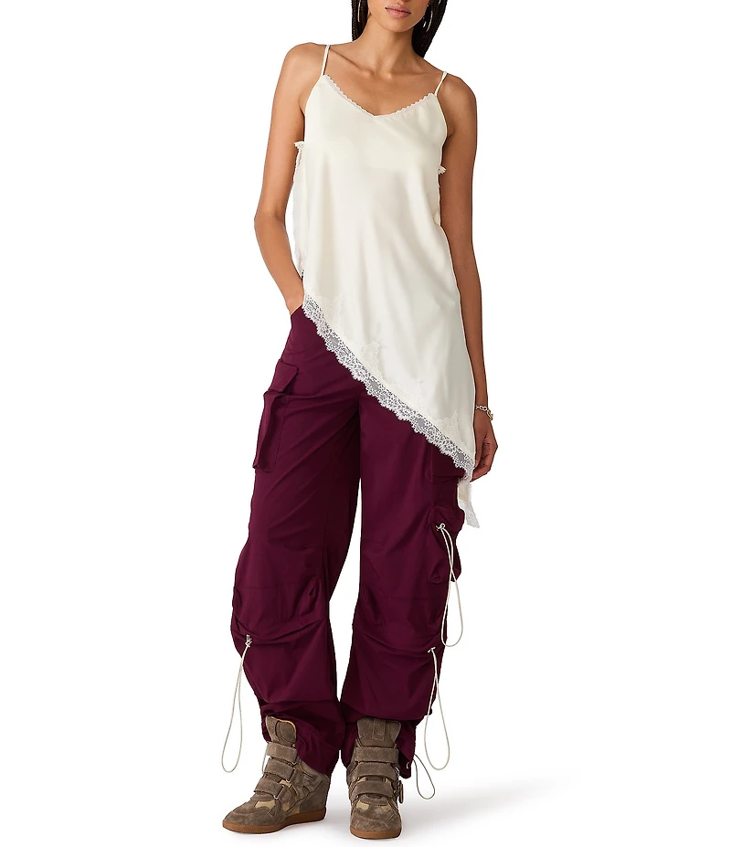 Steve Madden Margan V-Neck Sleeveless Asymmetric Lace Trim Satin Cami Top