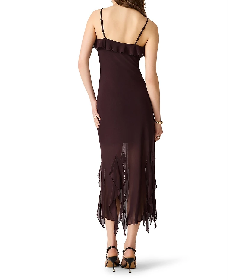 Steve Madden Mariane Mesh Scoop Neck Sleeveless Ruffle Godet Midi Dress