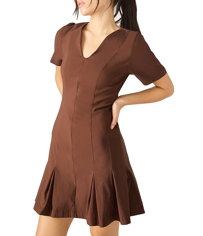 Steve Madden Marie V-Neck Box Pleated Fit and Flare Mini Dress