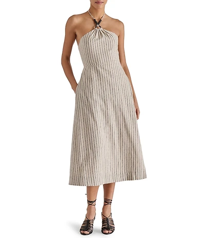 Steve Madden Mary Beth Woven Stripe Print Halter Neck Sleeveless A-Line Midi Dress