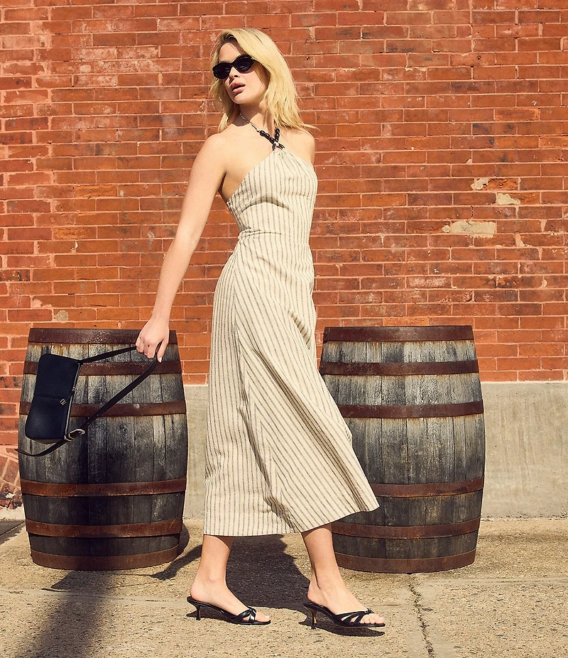 Steve Madden Mary Beth Woven Stripe Print Halter Neck Sleeveless A-Line Midi Dress