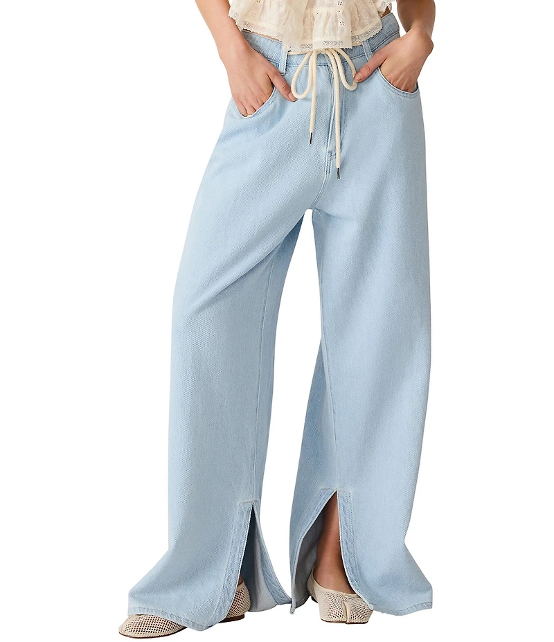 Steve Madden Maycen Mid-Rise Wide Leg Split Hem Coordinating Twill Denim Pants