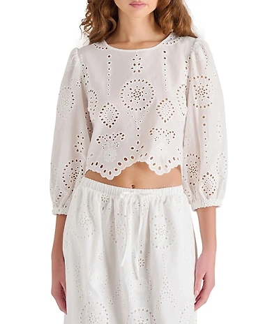 Steve Madden Meera Coordinating Crew Neck 3/4 Sleeve Eyelet Top