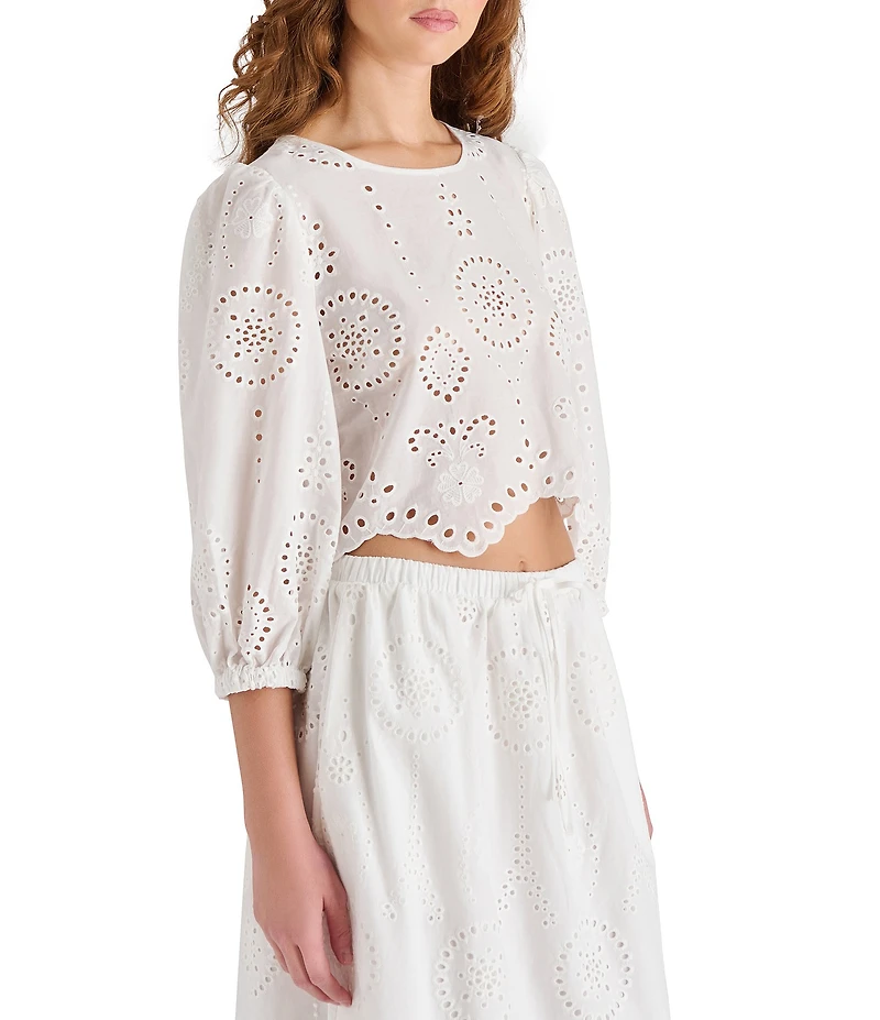 Steve Madden Meera Coordinating Crew Neck 3/4 Sleeve Eyelet Top