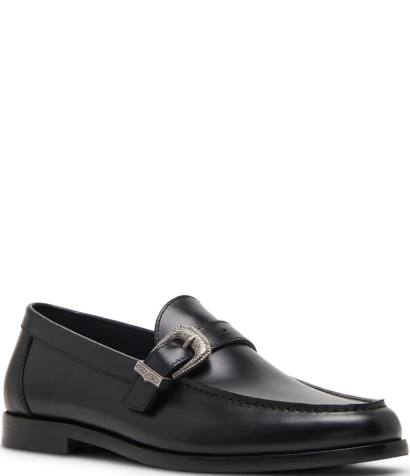 Steve Madden Men's Alcona Leather Western Buckle Hardware Dress Loafers