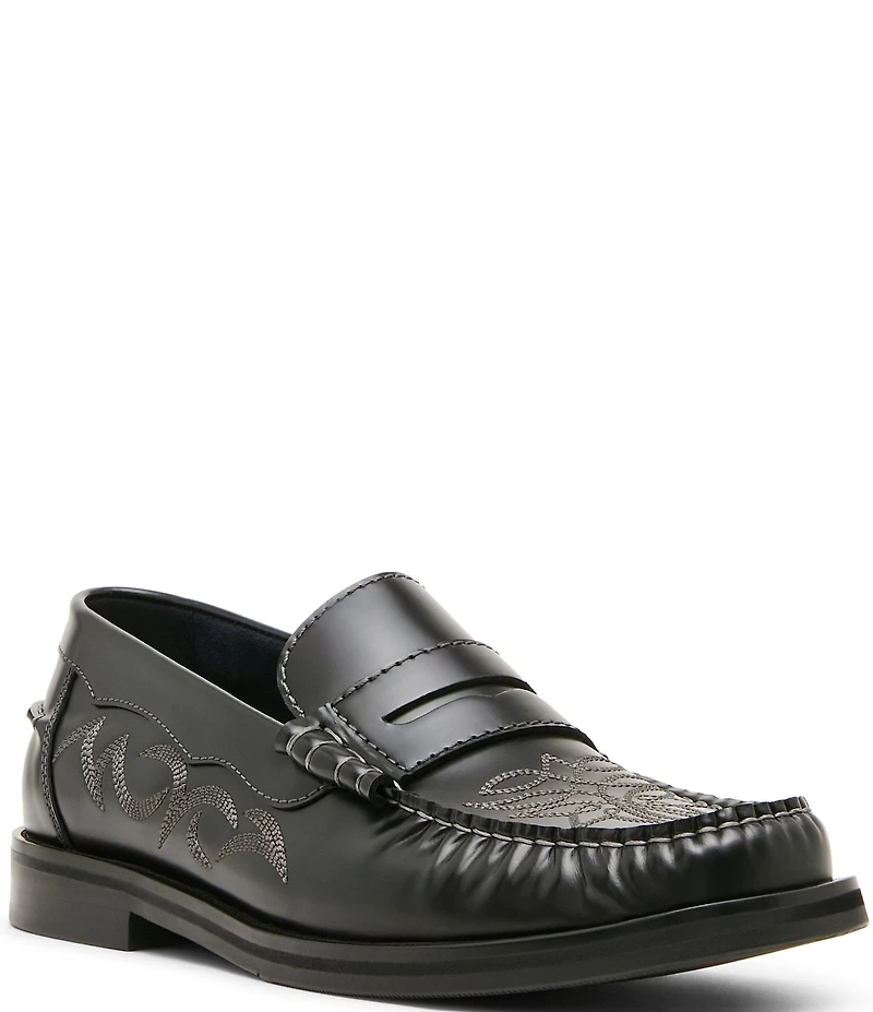 Steve Madden Men's Exeter Western Stitch Detail Leather Penny Loafers