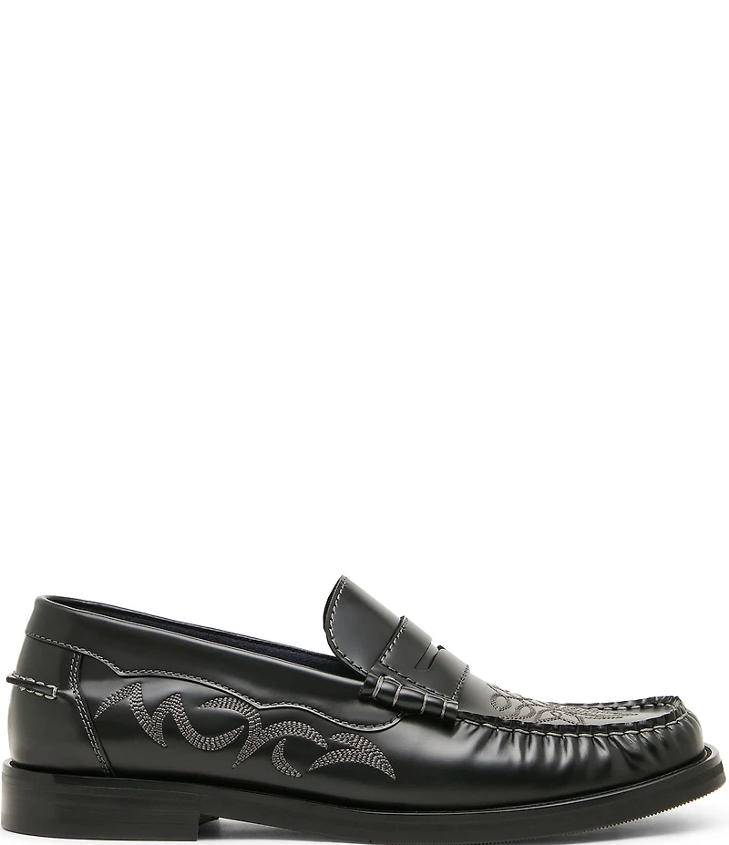 Steve Madden Men's Exeter Western Stitch Detail Leather Penny Loafers