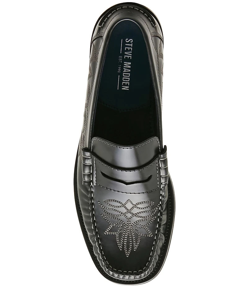 Steve Madden Men's Exeter Western Stitch Detail Leather Penny Loafers