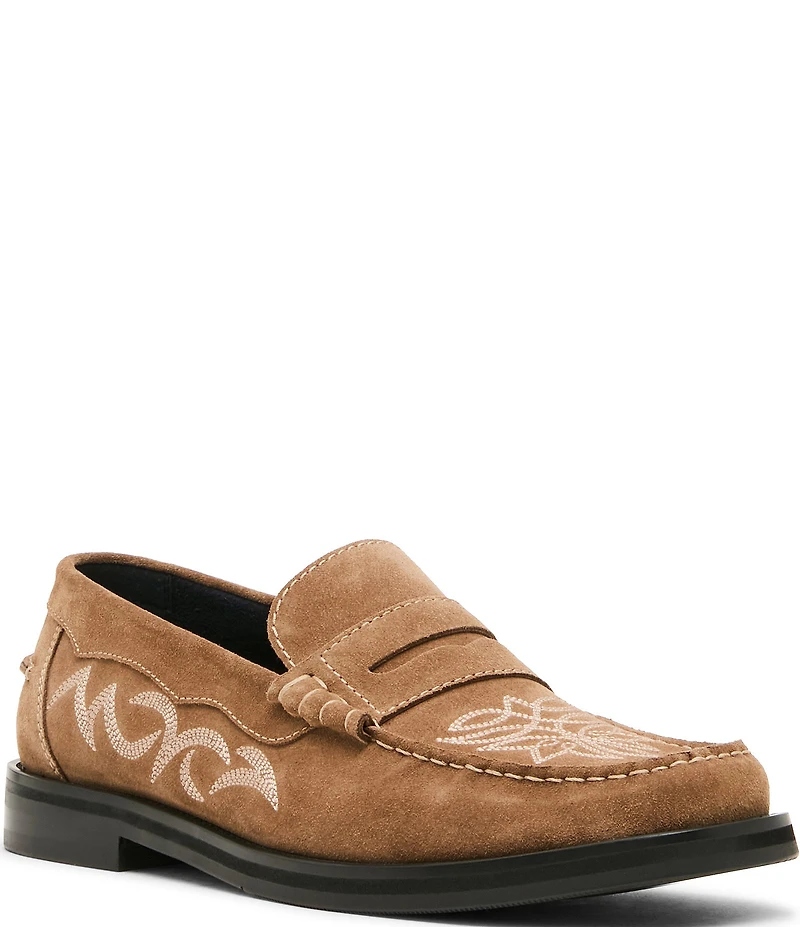 Steve Madden Men's Exeter Western Stitch Detail Suede Penny Loafers