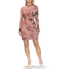 Steve Madden Mesh Flocked Floral Print Mock Neck Long Sleeve Dress