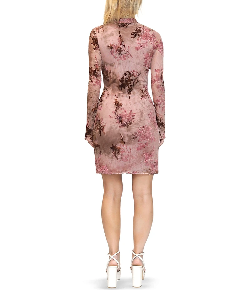 Steve Madden Mesh Flocked Floral Print Mock Neck Long Sleeve Dress
