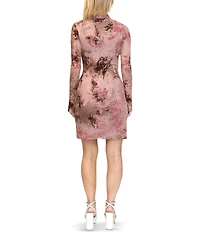 Steve Madden Mesh Flocked Floral Print Mock Neck Long Sleeve Dress