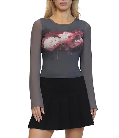 Steve Madden Mesh Floral Printed Long Bell Sleeve Top