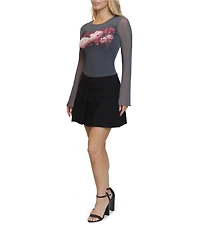 Steve Madden Mesh Floral Printed Long Bell Sleeve Top