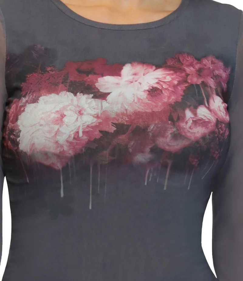 Steve Madden Mesh Floral Printed Long Bell Sleeve Top
