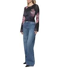Steve Madden Mesh Floral Printed Long Bell Sleeve Top
