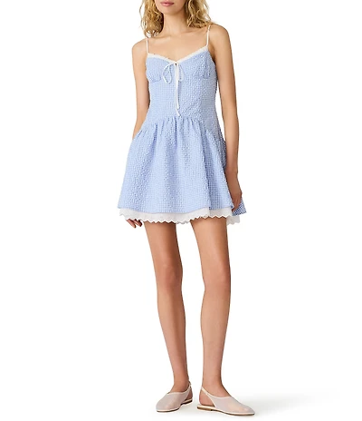 Steve Madden Miette Gingham Printed Sweetheart Neck Sleeveless Mini Dress