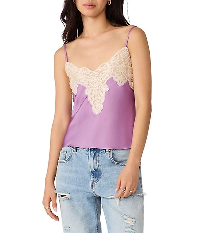 Steve Madden Miriah Crepe Satin V-Neck Sleeveless Lace Trim Cami Top