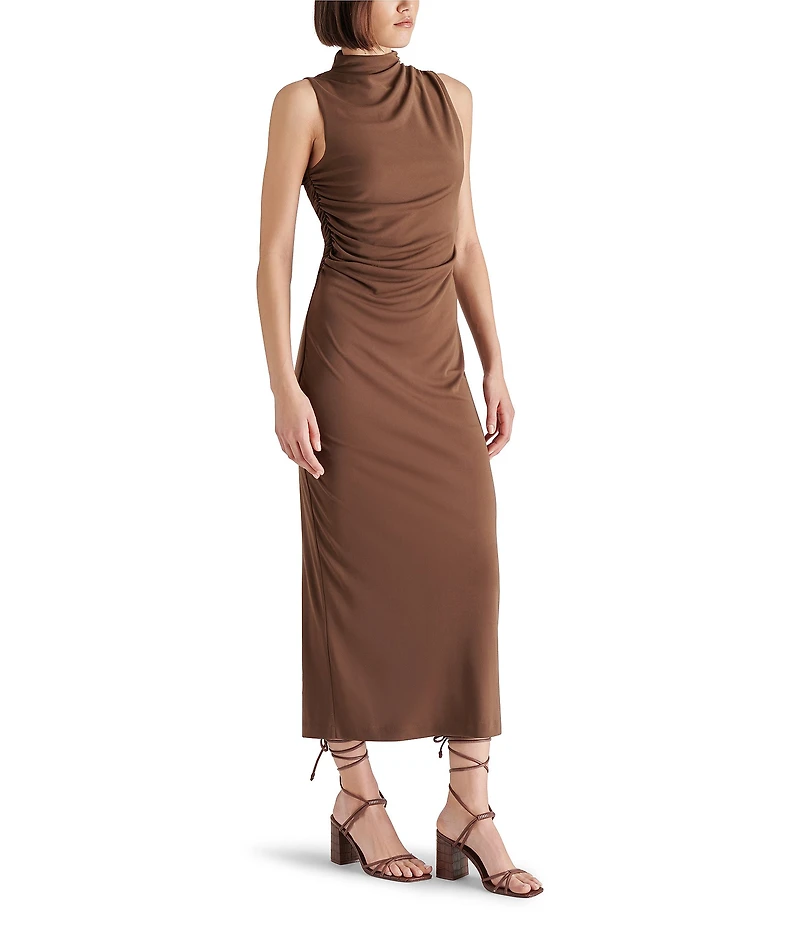 Steve Madden Mo Jersey Knit Mock Neck Sleeveless Ruched Midi Dress