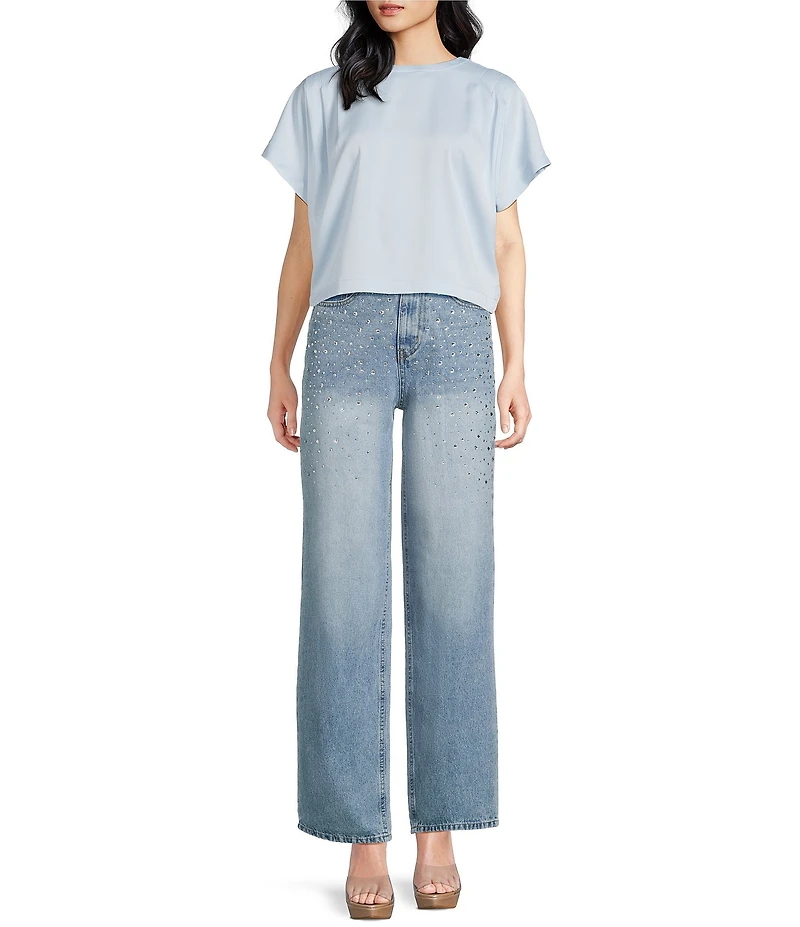 Steve Madden Noah Stretch Satin Crew Neck Short Sleeve Top