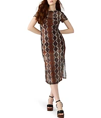 Steve Madden Nola Snake Print Crew Neck Short Sleeve Mesh Midi Dress