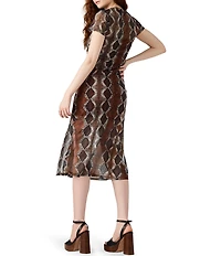 Steve Madden Nola Snake Print Crew Neck Short Sleeve Mesh Midi Dress