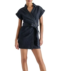 Steve Madden Odie Collared Neck Short Sleeve Belted Stretch Denim Mini Dress