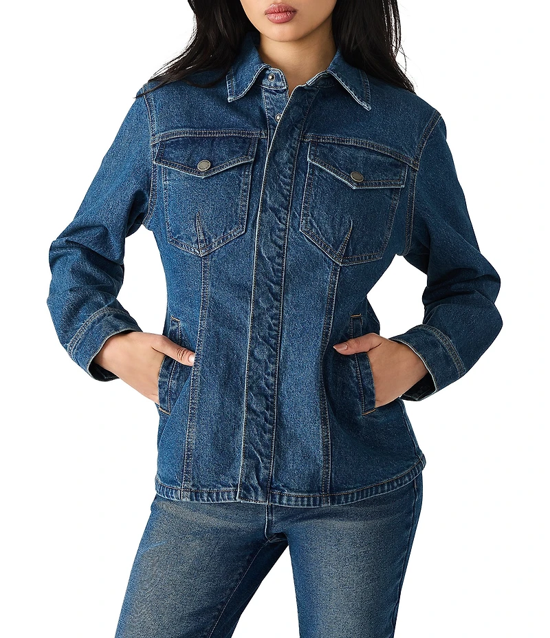 Steve Madden Parc Collared Long Sleeve Fitted Denim Jacket