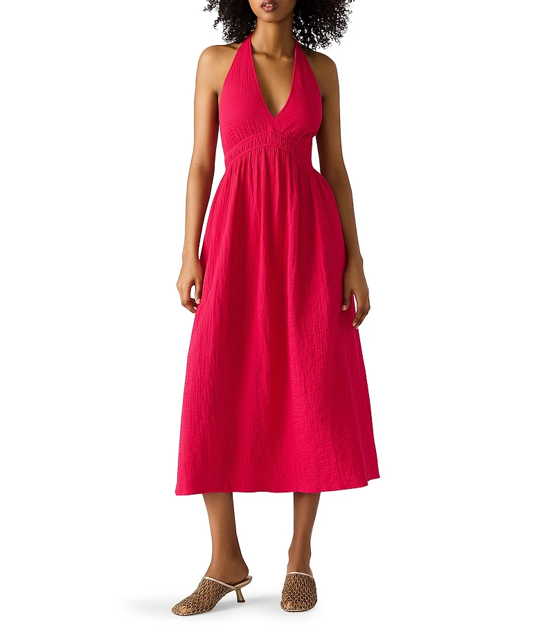 Steve Madden Piper Stretch Cotton Gauze Smocked Waist Halter Tie Midi Dress