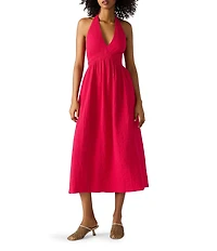 Steve Madden Piper Stretch Cotton Gauze Smocked Waist Halter Tie Midi Dress