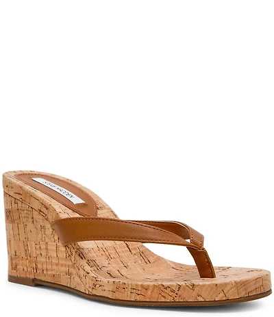 Steve Madden Playing Cork Nappa Leather Wedge Thong Sandals