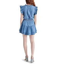 Steve Madden Prairie Dreams Chambray V-Neck Short Flutter Sleeve Tier Mini Dress