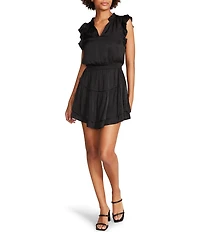 Steve Madden Prairie Dreams Satin V-Neck Ruffle Cap Sleeve Mini Blouson Dress