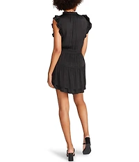 Steve Madden Prairie Dreams Satin V-Neck Ruffle Cap Sleeve Mini Blouson Dress