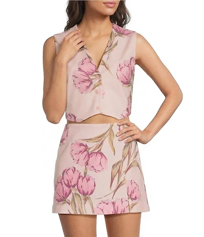 Steve Madden Raleen Floral Print Button Front Coordinating Cropped Twill Vest