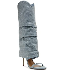 Steve Madden Ravine Denim Rhinestone Cuffed Stiletto Knee High Open Toe Boots