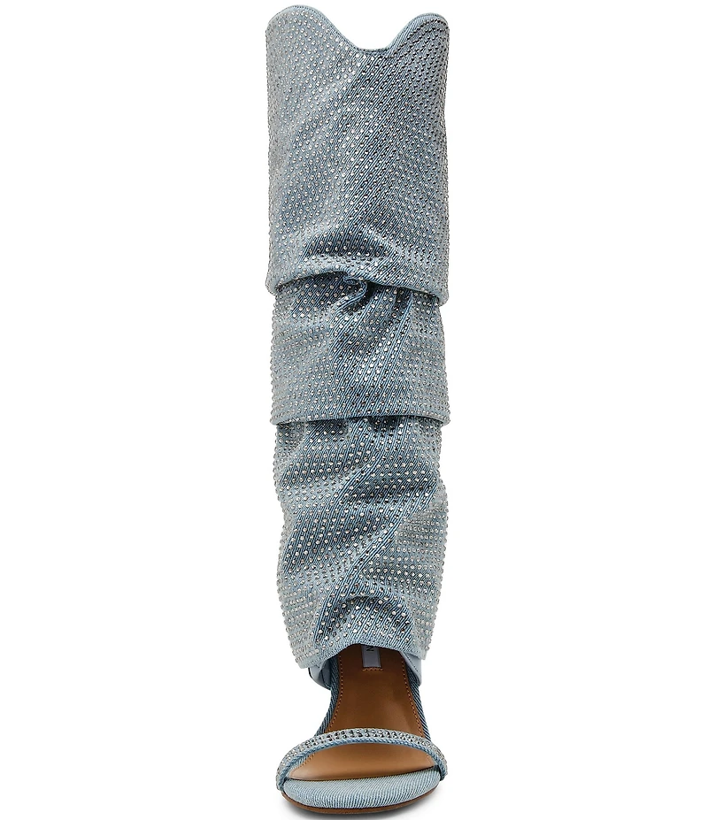 Steve Madden Ravine Denim Rhinestone Cuffed Stiletto Knee High Open Toe Boots