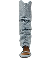 Steve Madden Ravine Denim Rhinestone Cuffed Stiletto Knee High Open Toe Boots