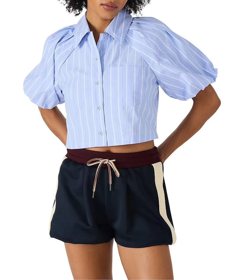 Steve Madden Reece Poplin Stripe Print Collar Neckline Short Bubble Sleeve Top