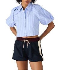 Steve Madden Reece Poplin Stripe Print Collar Neckline Short Bubble Sleeve Top