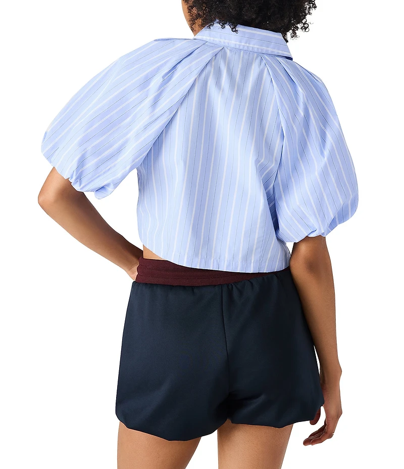 Steve Madden Reece Poplin Stripe Print Collar Neckline Short Bubble Sleeve Top