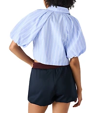 Steve Madden Reece Poplin Stripe Print Collar Neckline Short Bubble Sleeve Top