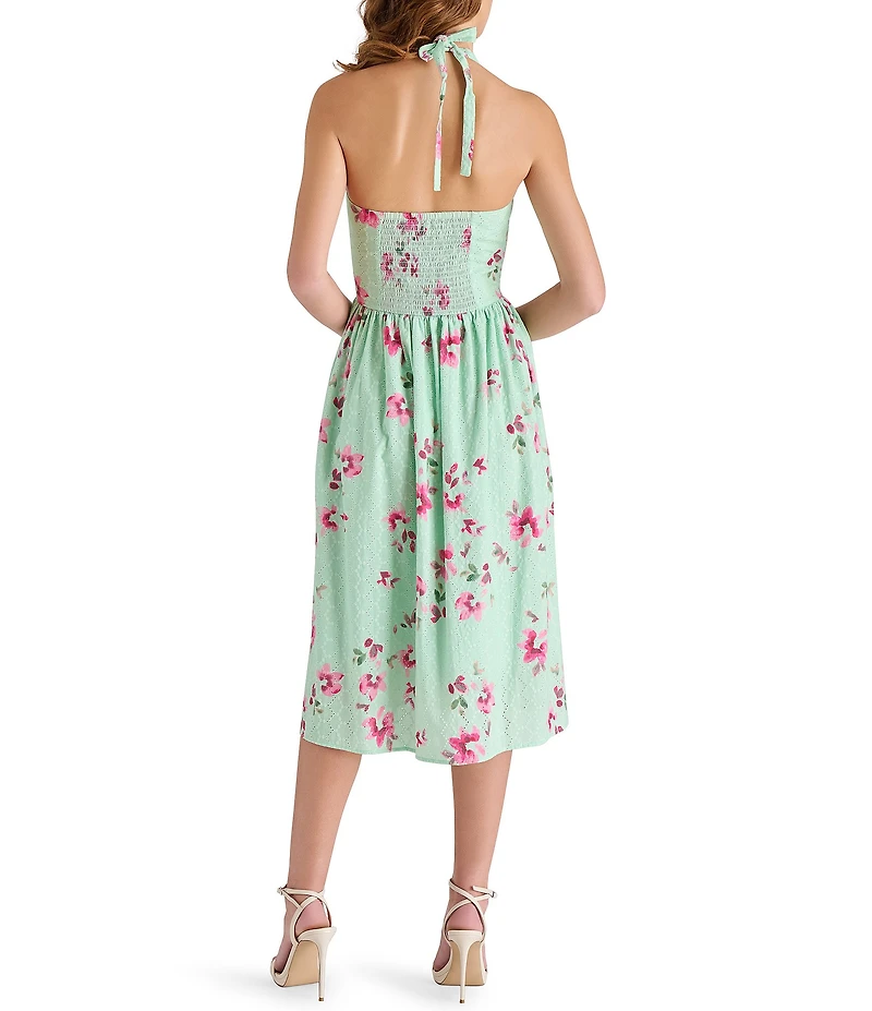 Steve Madden Ressi Floral Print Halter Tie V-Neck Sleeveless Eyelet Midi Dress