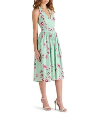 Steve Madden Ressi Floral Print Halter Tie V-Neck Sleeveless Eyelet Midi Dress