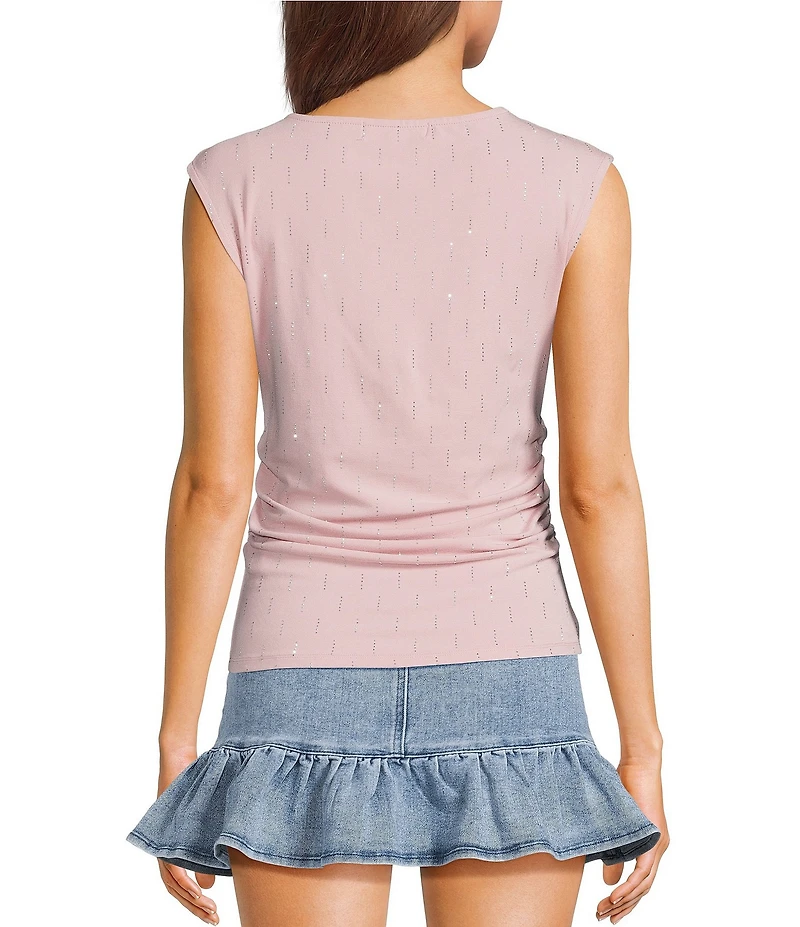 Steve Madden Rhinestone Boat Neck Ruched Cap Sleeve Top