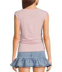 Steve Madden Rhinestone Boat Neck Ruched Cap Sleeve Top