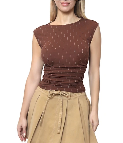 Steve Madden Rhinestone Boat Neck Ruched Cap Sleeve Top