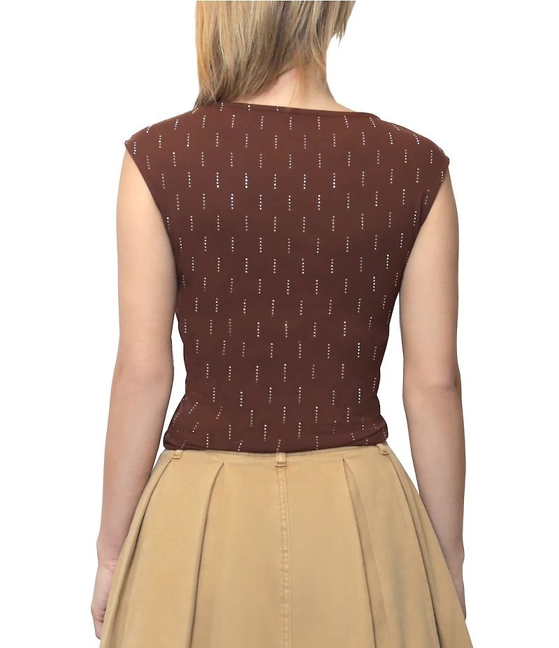 Steve Madden Rhinestone Boat Neck Ruched Cap Sleeve Top