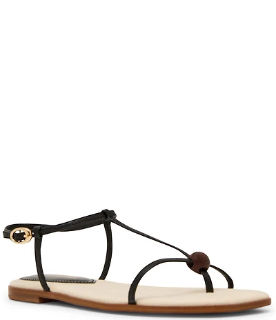 Steve Madden Ritzy Nappa Leather Wood Detail T-Strap Flat Sandals