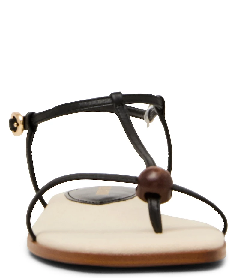 Steve Madden Ritzy Nappa Leather Wood Detail T-Strap Flat Sandals